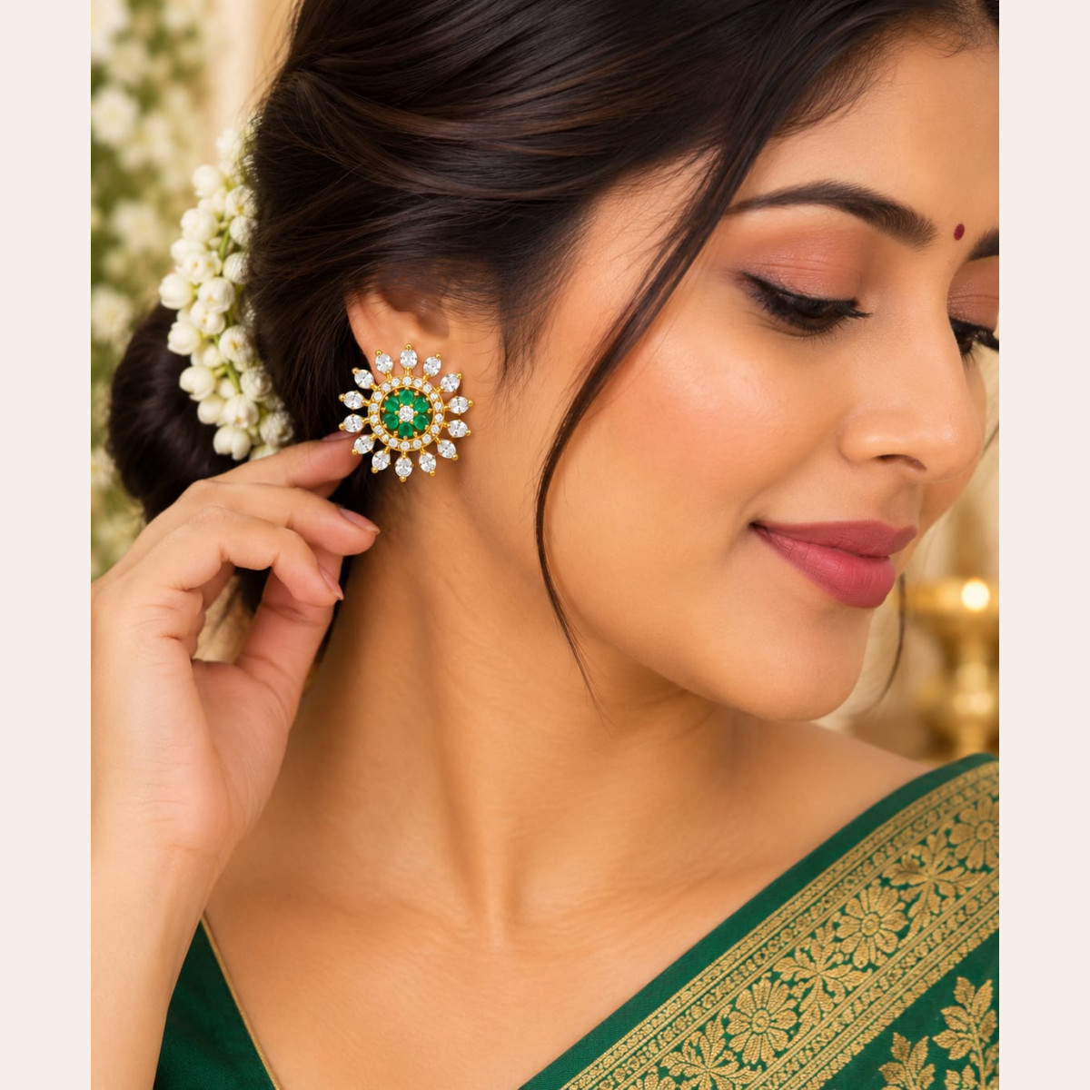 Sunburst CZ Earrings with Green Center image 2