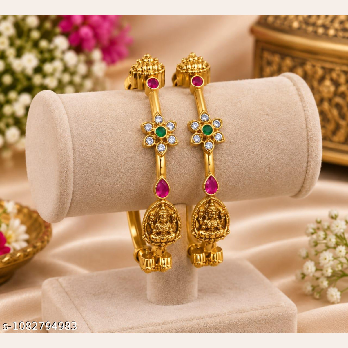 Elegant temple design bangles with green and pink stones