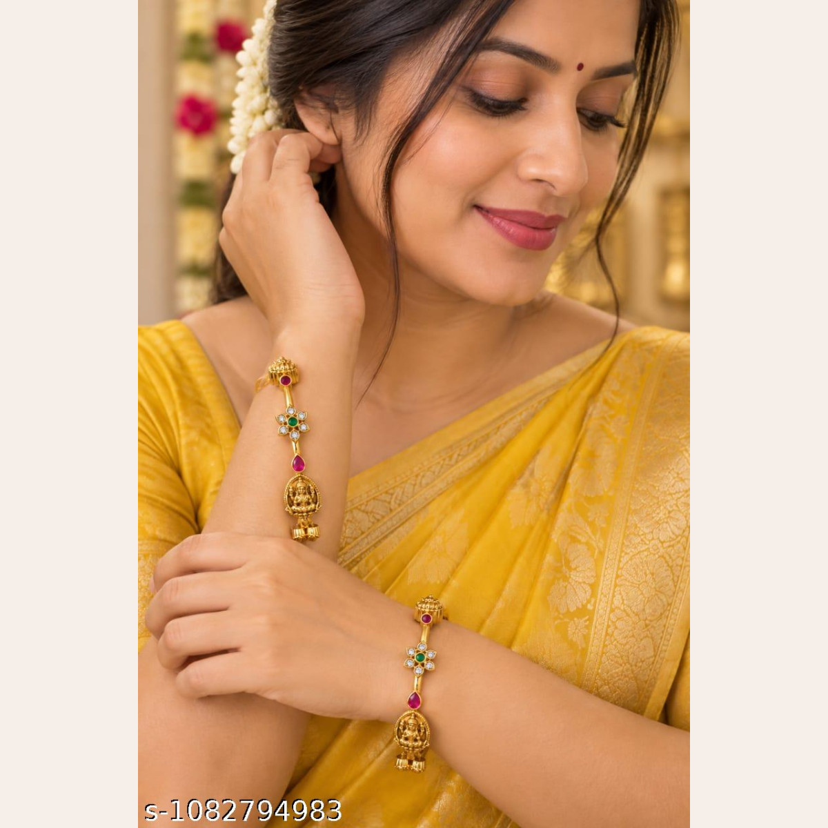 Temple Design Bangles with Green & Pink Stones image 2