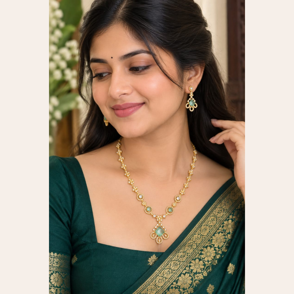 Mint Green Stone Necklace Set with Earrings for Women image 2