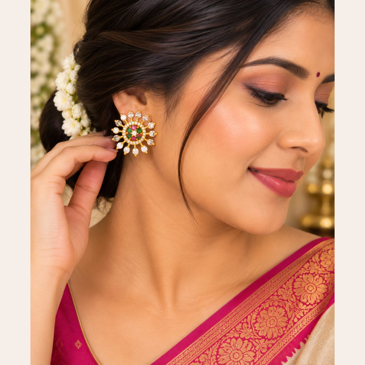 Vibrant CZ Stone Earrings in Floral Design image 2