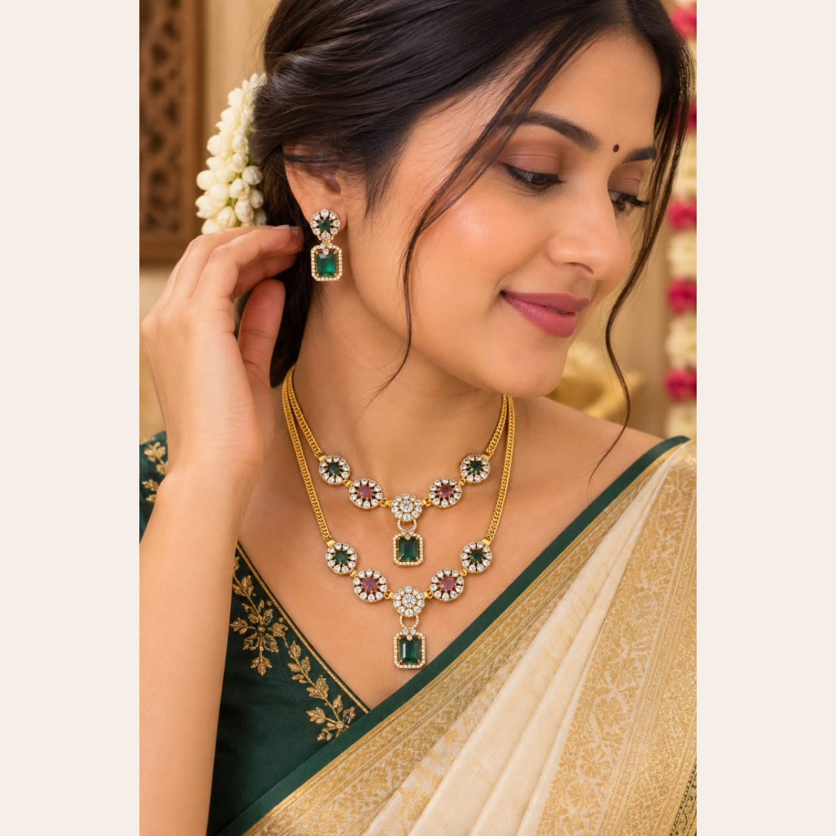 Double Layer Green & Pink Stone Necklace Set with Earrings image 2