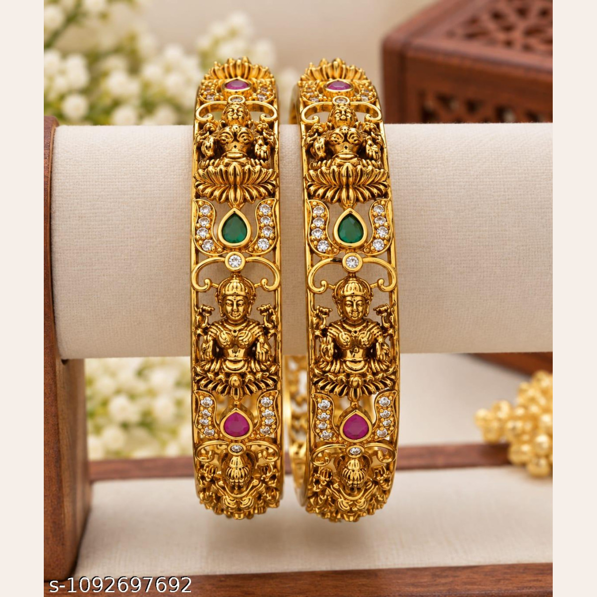Temple Lakshmi Traditional Design CZ bangles with colorful stone accents.