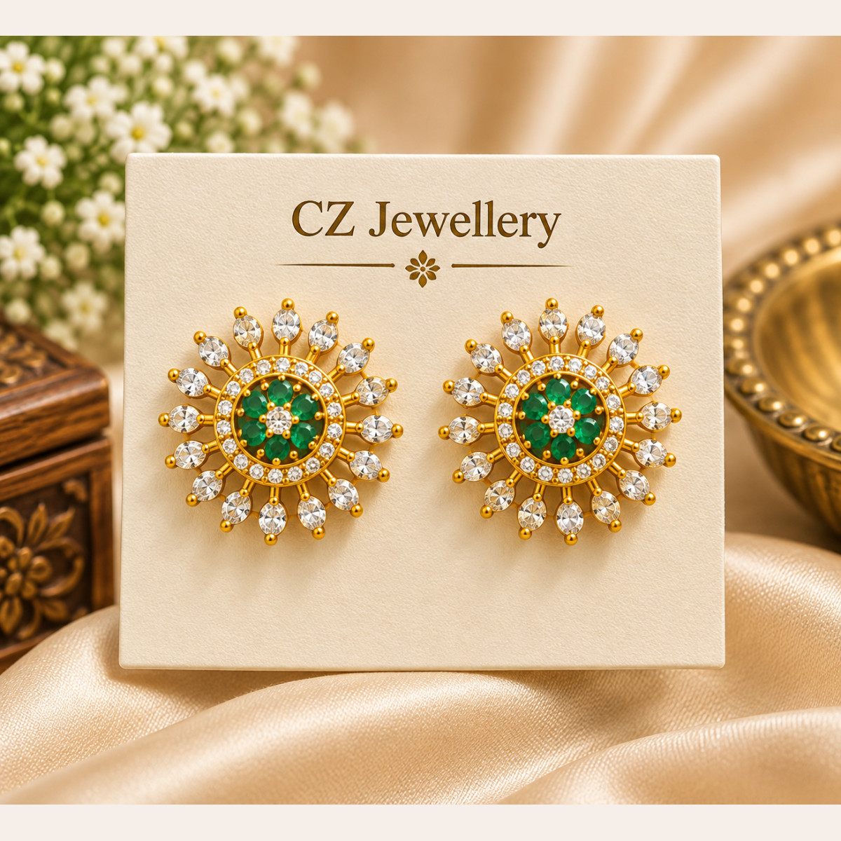 Elegant sunburst CZ earrings with green center and clear stones