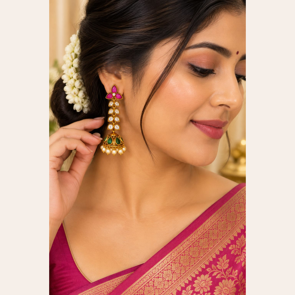 CZ Decorative Drop Earrings with Green and Pink Accents image 2